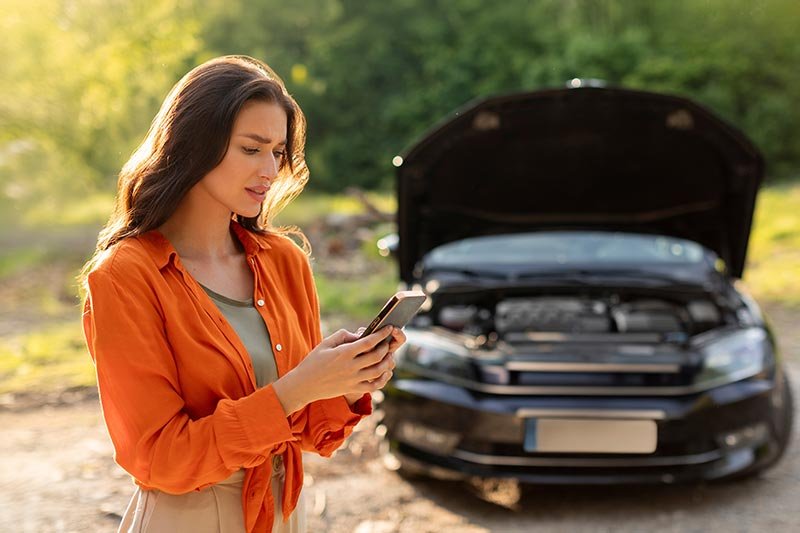 Mujer solicitando asistencia vial desde su celular tras una falla mecánica, con auto averiado al fondo, simbolizando el respaldo de un seguro de auto con SGroup.